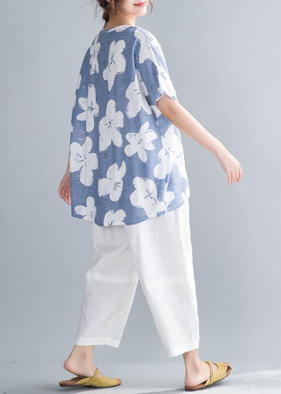 Simple o neck tunic pattern Neckline light blue print tops - SooLinen