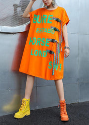 Simple orange print Cotton o neck stylish baggy summer Dresses - SooLinen