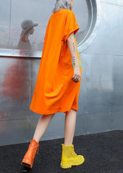 Simple orange print Cotton o neck stylish baggy summer Dresses - SooLinen