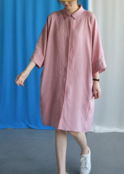 Simple pink linen dress flare sleeve cotton fall Dress - SooLinen