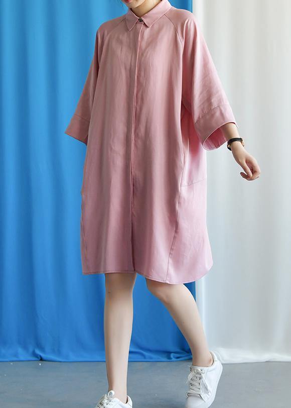 Simple pink linen dress flare sleeve cotton fall Dress - SooLinen