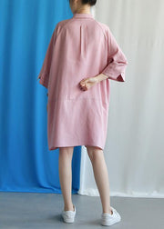 Simple pink linen dress flare sleeve cotton fall Dress - SooLinen