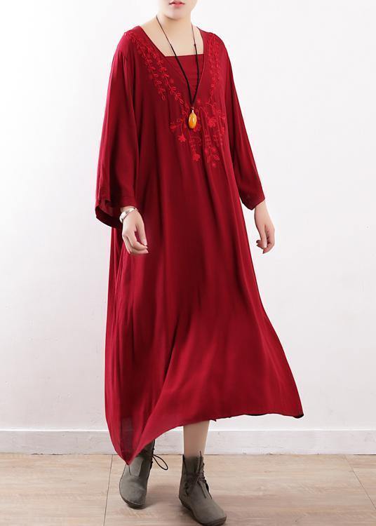 Simple red embroidery clothes For Women o neck Maxi fall Dresses - SooLinen