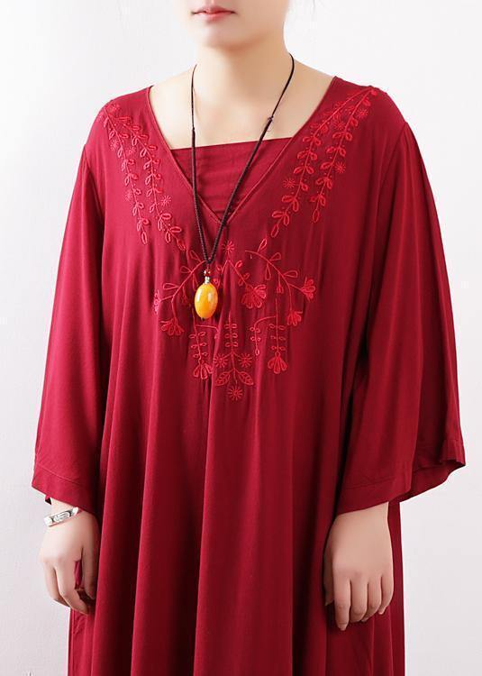 Simple red embroidery clothes For Women o neck Maxi fall Dresses - SooLinen