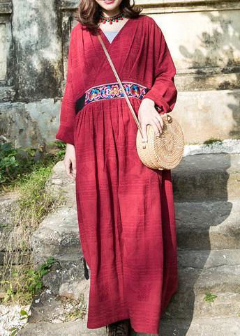 Simple red linen clothes v neck embroidery cotton robes summer Dresses - SooLinen