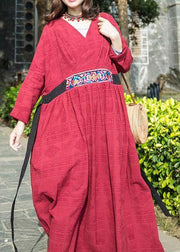 Simple red linen clothes v neck embroidery cotton robes summer Dresses - SooLinen