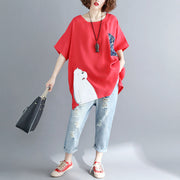 Simple red linen cotton linen tops women blouses Boho design pockets Batwing Sleeve daily tops