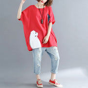 Simple red linen cotton linen tops women blouses Boho design pockets Batwing Sleeve daily tops