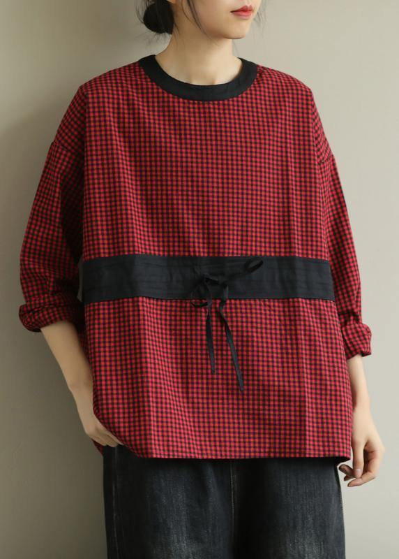 Simple red plaid clothes o neck tie waist baggy fall top - SooLinen