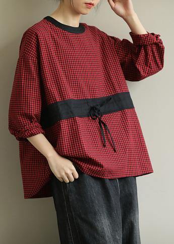 Simple red plaid clothes o neck tie waist baggy fall top - SooLinen