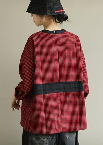 Simple red plaid clothes o neck tie waist baggy fall top - SooLinen