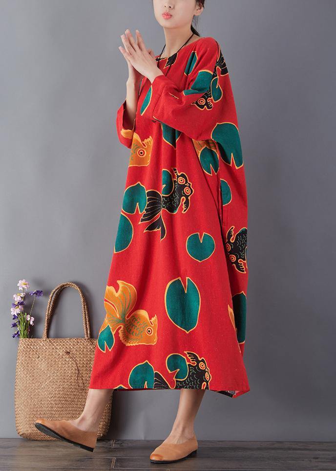 Simple red print cotton dress o neck pockets Maxi summer Dresses - SooLinen