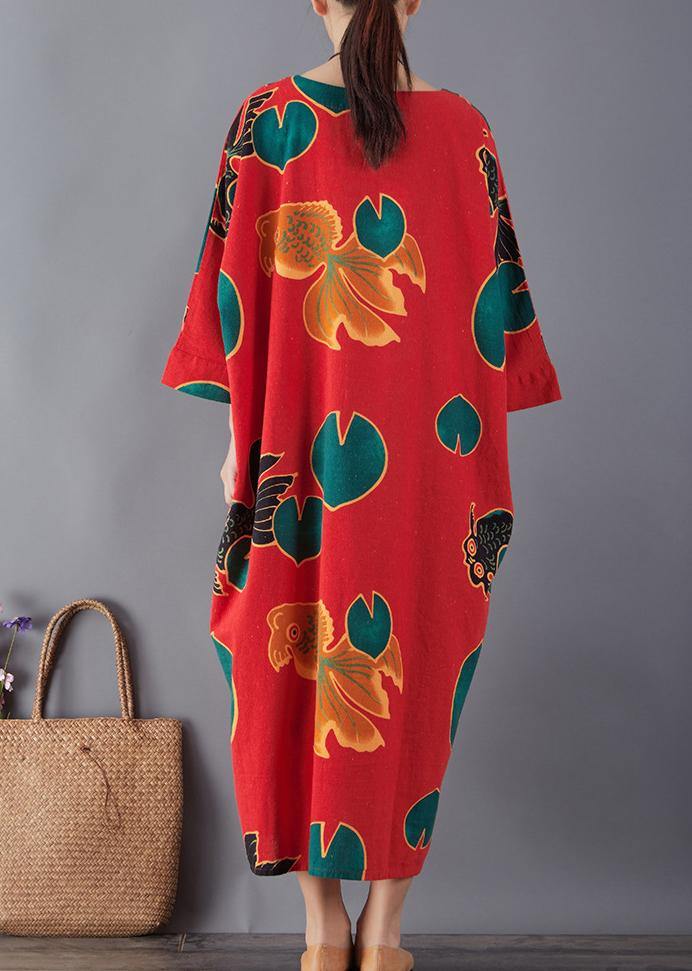 Simple red print cotton dress o neck pockets Maxi summer Dresses - SooLinen