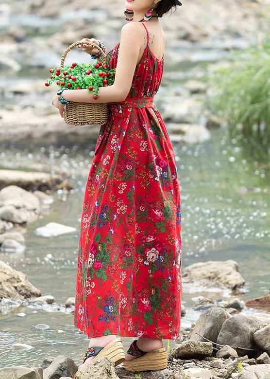 Simple red print cotton quilting dresses sleeveless tie waist A Line summer Dresses - SooLinen