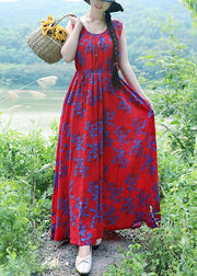 Simple red print linen cotton clothes o neck sleeveless drawstring long summer Dresses - SooLinen