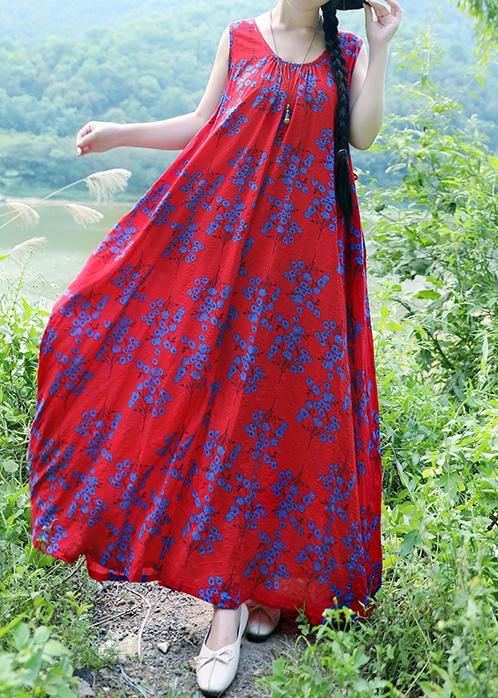 Simple red print linen cotton clothes o neck sleeveless drawstring long summer Dresses - SooLinen