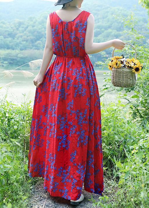 Simple red print linen cotton clothes o neck sleeveless drawstring long summer Dresses - SooLinen