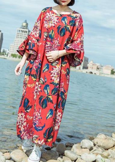 Simple red print linen cotton o neck flare sleeve long summer Dresses - SooLinen