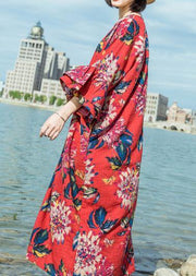 Simple red print linen cotton o neck flare sleeve long summer Dresses - SooLinen