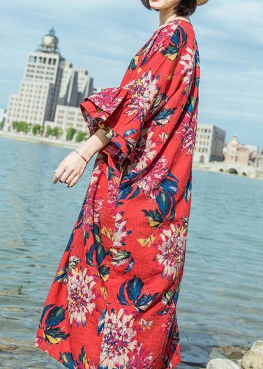 Simple red print linen cotton o neck flare sleeve long summer Dresses - SooLinen