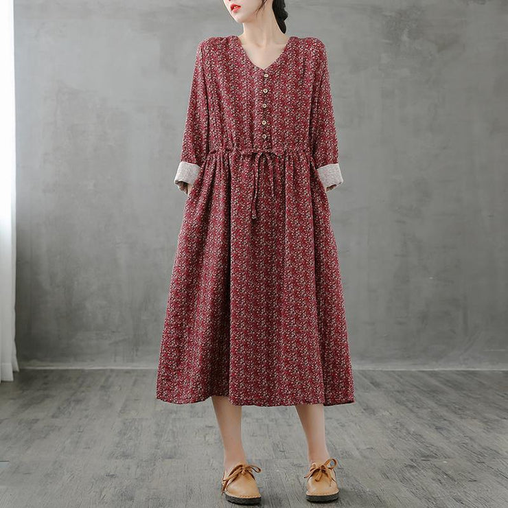 Simple red print top stand collar drawstring Plus Size fall Dress - SooLinen