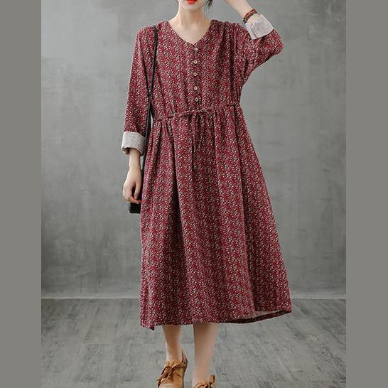 Simple red print top stand collar drawstring Plus Size fall Dress - SooLinen