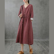 Simple red print top stand collar drawstring Plus Size fall Dress - SooLinen