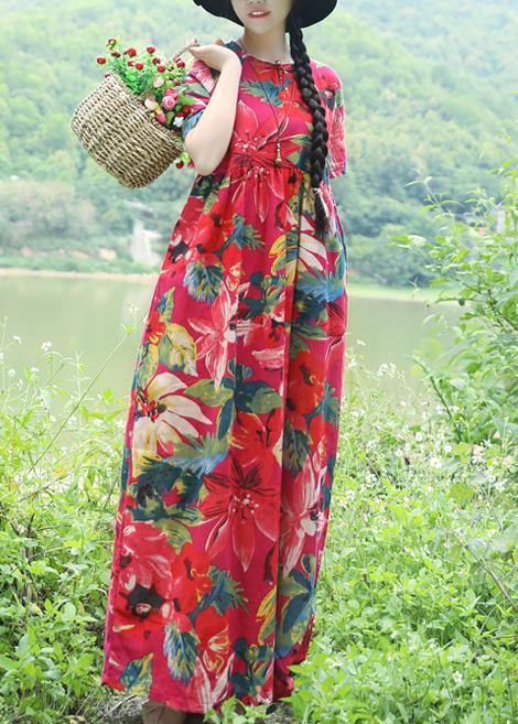 Simple red prints linen dress Casual Outfits short sleeveless Love summer Dress - SooLinen