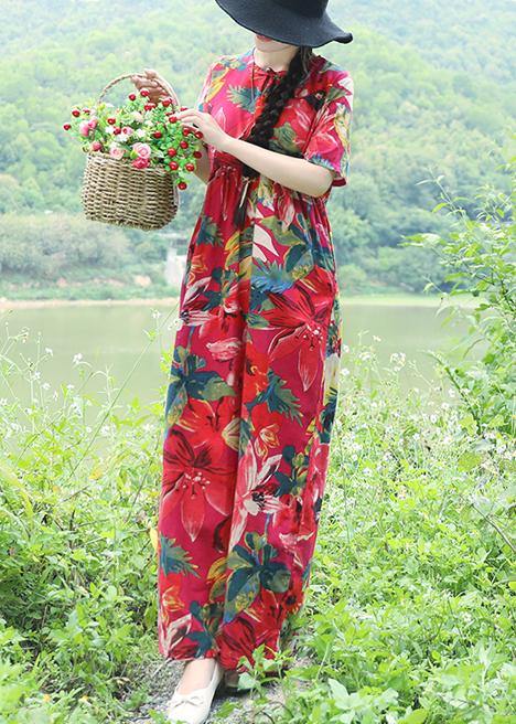 Simple red prints linen dress Casual Outfits short sleeveless Love summer Dress - SooLinen