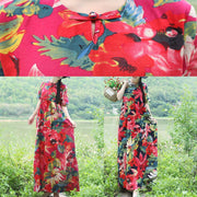 Simple red prints linen dress Casual Outfits short sleeveless Love summer Dress - SooLinen