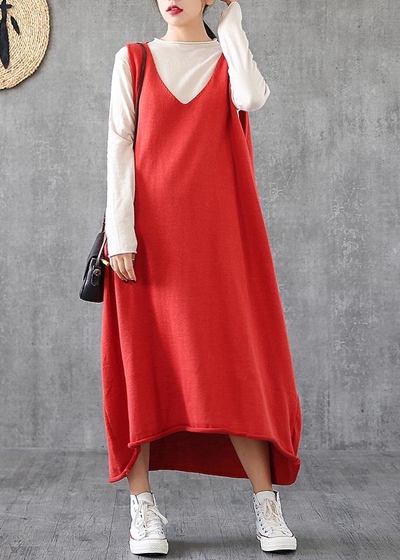 Simple red tunic top v neck sleeveless Maxi Dress - SooLinen