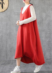 Simple red tunic top v neck sleeveless Maxi Dress - SooLinen