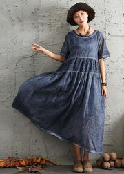 Simple short sleeve linen Wardrobes design blue patchwork Dress summer - SooLinen