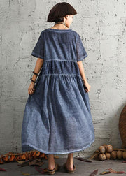 Simple short sleeve linen Wardrobes design blue patchwork Dress summer - SooLinen