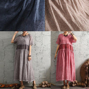 Simple short sleeve linen Wardrobes design blue patchwork Dress summer - SooLinen