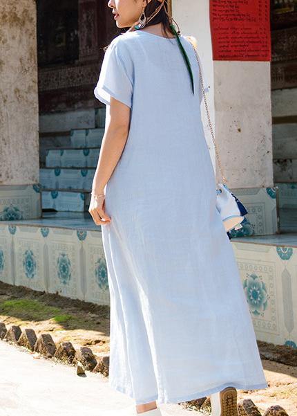 Simple sky blue cotton linen clothes For Women o neck pockets summer Dresses - SooLinen