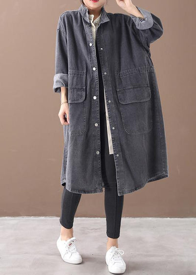 Simple stand collar drawstring Fashion tunic coat denim black Midi women coats - SooLinen