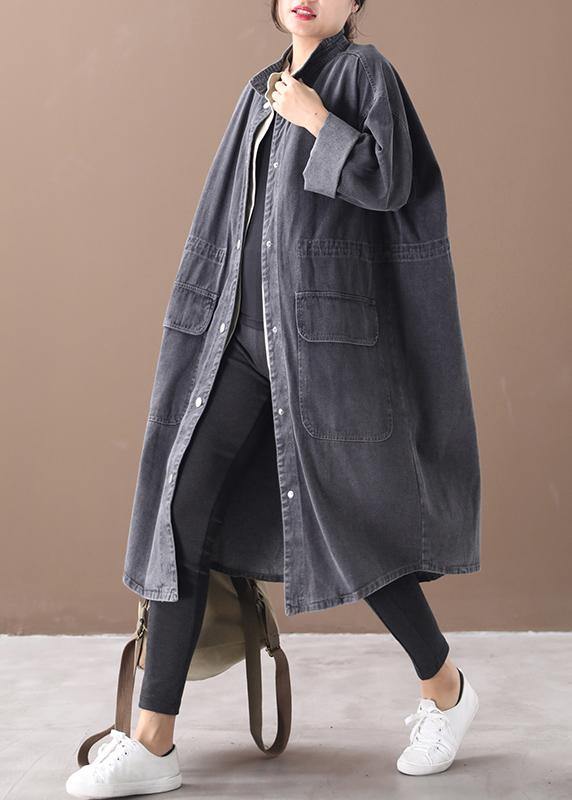 Simple stand collar drawstring Fashion tunic coat denim black Midi women coats - SooLinen