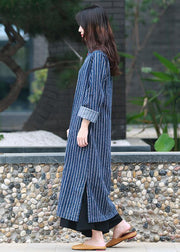 Simple stand collar side open tunic Tutorials denim blue striped A Line Dress - SooLinen