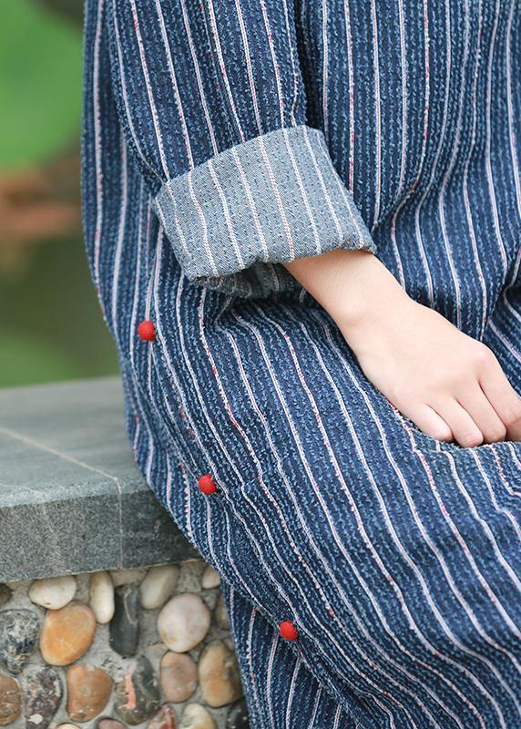 Simple stand collar side open tunic Tutorials denim blue striped A Line Dress - SooLinen