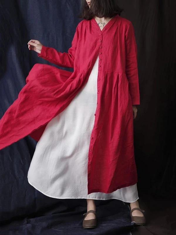 Simple v neck Button Down cotton linen spring dresses red long Dress - SooLinen