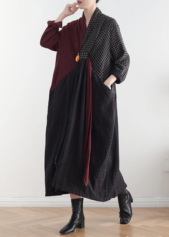 Simple v neck asymmetric linen dresses Wardrobes red patchwork black Dresses fall - SooLinen