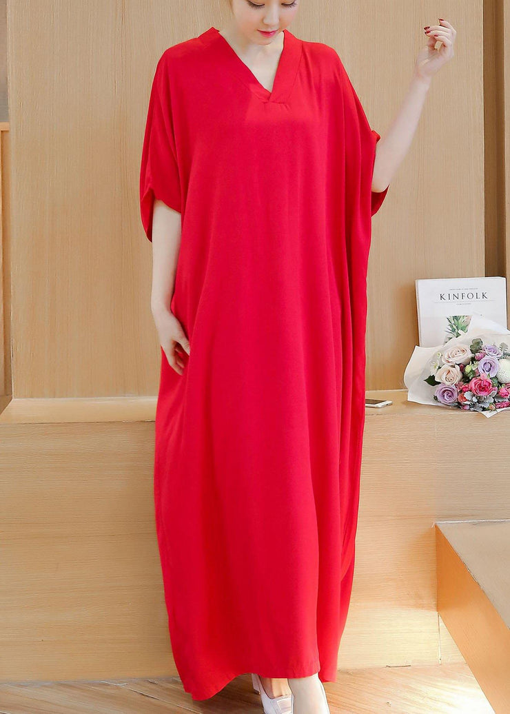 Simple v neck baggy cotton summer quilting dresses Runway rose Maxi Dress - SooLinen