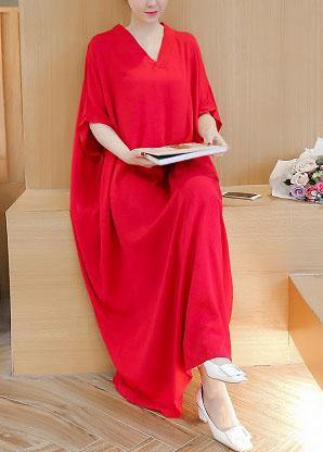 Simple v neck baggy cotton summer quilting dresses Runway rose Maxi Dress - SooLinen