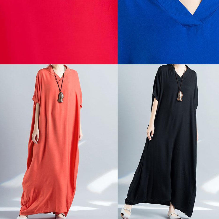 Simple v neck baggy cotton summer quilting dresses Runway rose Maxi Dress - SooLinen