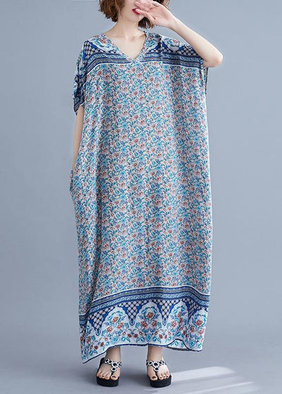 Simple v neck batwing sleeve dresses blue floral Art Dress summer - SooLinen