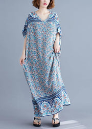 Simple v neck batwing sleeve dresses blue floral Art Dress summer - SooLinen