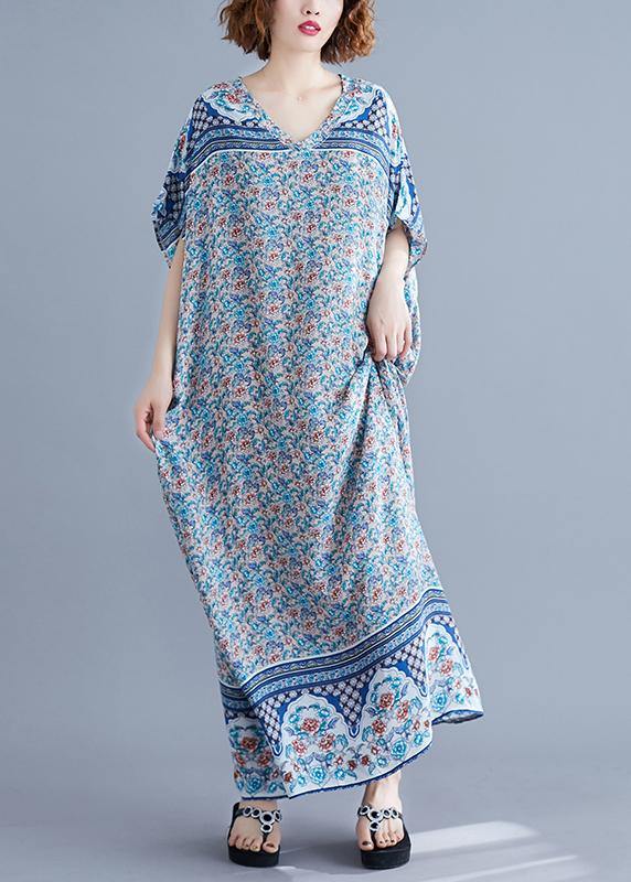 Simple v neck batwing sleeve dresses blue floral Art Dress summer - SooLinen