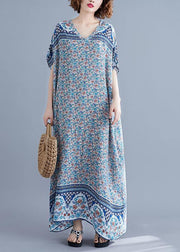 Simple v neck batwing sleeve dresses blue floral Art Dress summer - SooLinen