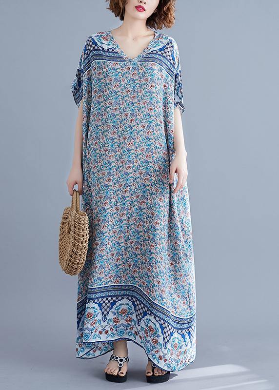 Simple v neck batwing sleeve dresses blue floral Art Dress summer - SooLinen